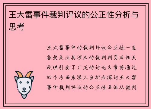 王大雷事件裁判评议的公正性分析与思考